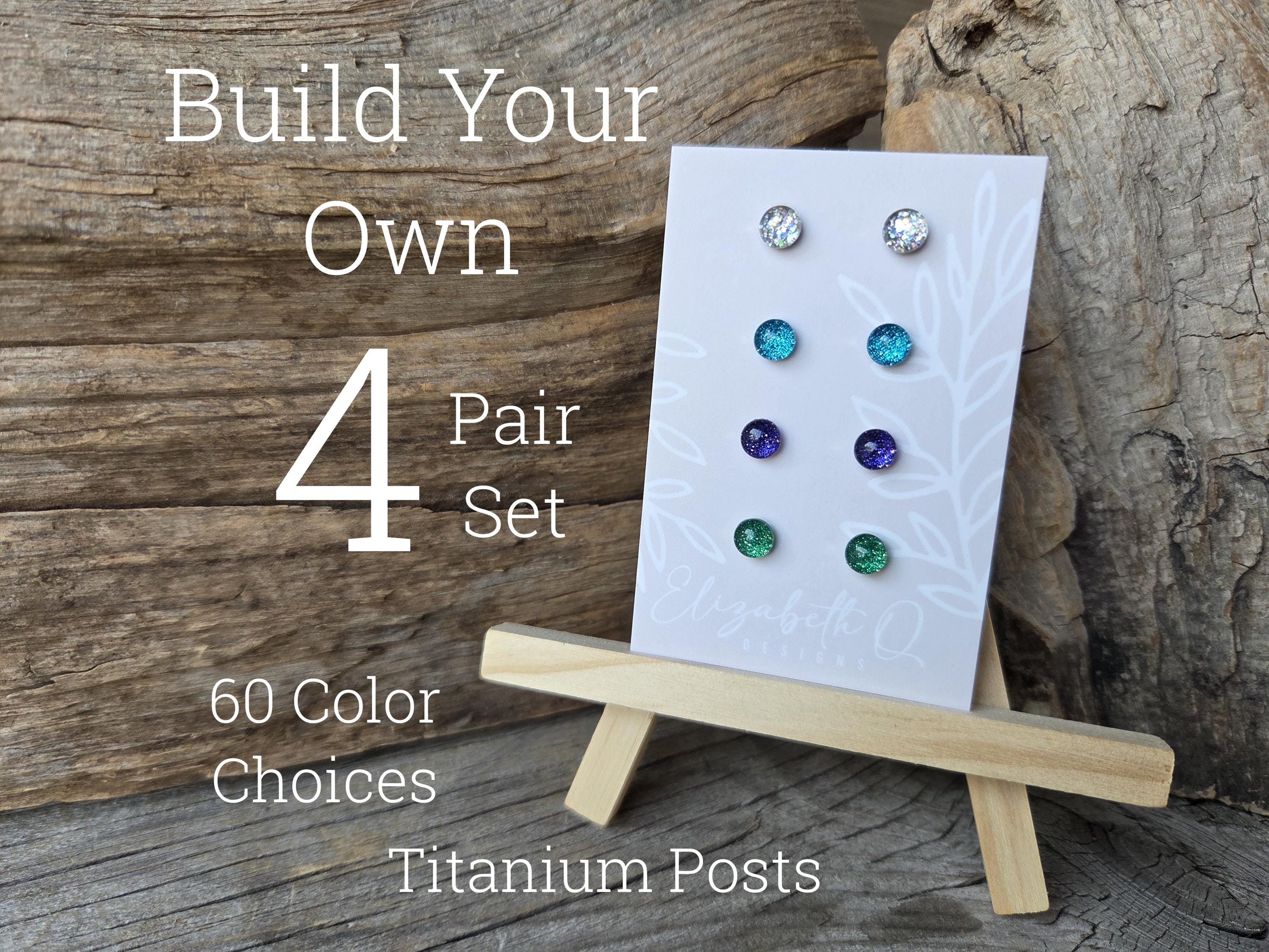 Small Studs, Build Your Own Custom Earring Set, Glitter Studs Gift Box 4 Pair Set, Titanium Posts, Hypollergenic, Sensitive Ears
