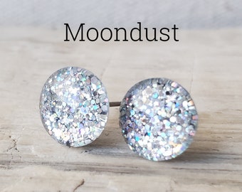 Moondust Glitter Earrings, Titanium Posts, Silver and White Glitter Studs, Hypoallergenic Studs, Sensitive Ears