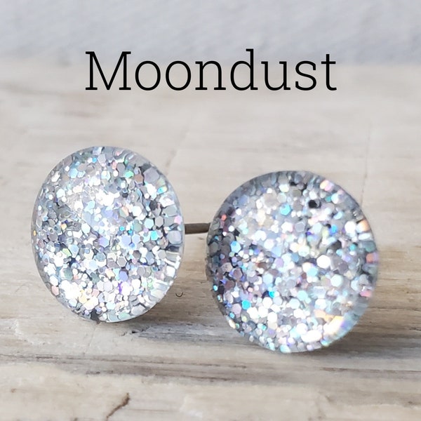 Moondust Glitter Earrings, Titanium Posts, Silver and White Glitter Studs, Hypoallergenic Studs, Sensitive Ears