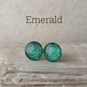 Emerald Glitter Earrings, Titanium Posts, Sensitive Ears, Green Glitter Studs, Hypoallergenic Studs