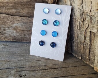 BLUE / The Blues Glitter Studs Gift Box 4 Pair, Titanium Posts, Sensitive Ears, Hypoallergenic, Custom Earrings Gift Set