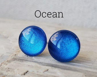 Ocean Pearlescent Earrings, Titanium Posts, Sensitive Ears, Hypoallergenic Studs, Metallic Blue Studs