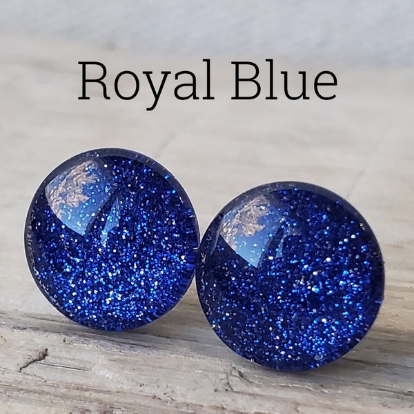 Royal Blue Glitter Earrings, Titanium Posts, Glitter Studs, Sensitive Ears, Hypoallergenic Studs, Classic Blue Studs