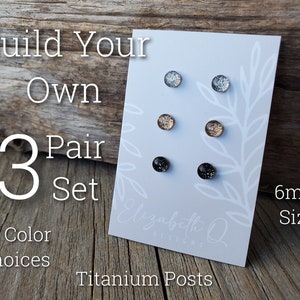 Small Studs 6mm Size, Build Your Own Custom Earring Set, Glitter Studs Gift Box 3 Pair Set, Titanium Posts, Hypollergenic, Sensitive Ears