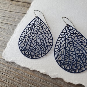 Lacy Delicate Teardrop Earrings, Titanium Hooks, Sensitive Ears, Hypoallergenic, Laser Cut Design, Five Color Choices