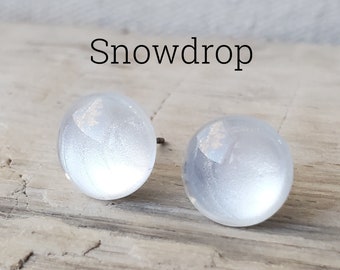 Snowdrop Metallic Shimmer Earrings, Titanium Posts, Pearlescent White Studs, Hypoallergenic Studs, Sensitive Ears