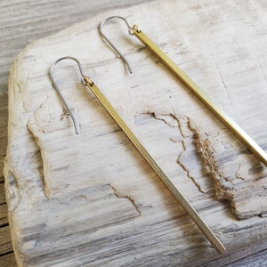 Brass Bar Earrings, Titanium Hooks, Sensitive Ears, Hypoallergenic, Shiny Brass Vertical Bar, Minimalist Earrings