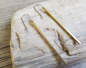 Brass Bar Earrings, Titanium Hooks, Sensitive Ears, Hypoallergenic, Shiny Brass Vertical Bar, Minimalist Earrings