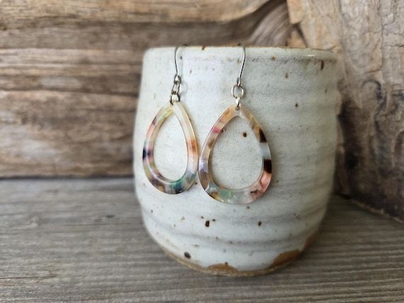Multi Color Earth Tones, Teardrop Earrings with Titanium Hooks, Hypoallergenic, Sensitive Ears, Lightweight Acetate Earrings