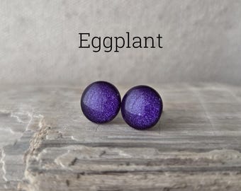 Eggplant Purple Shimmer Earrings, Titanium Posts, Sensitive Ears, Dark Purple Earrings, Hypoallergenic Studs