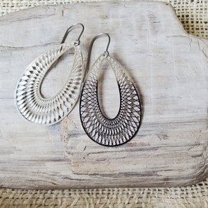 Metal Design Earrings, Titanium Hooks, Sensitive Ears, Hypoallergenic, Delicate Laser Cut Design, Three Color Choices