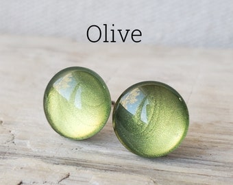 Olive Green Metallic Shimmer Earrings, Titanium Posts, Sensitive Ears, Olive Earrings, Hypoallergenic Studs