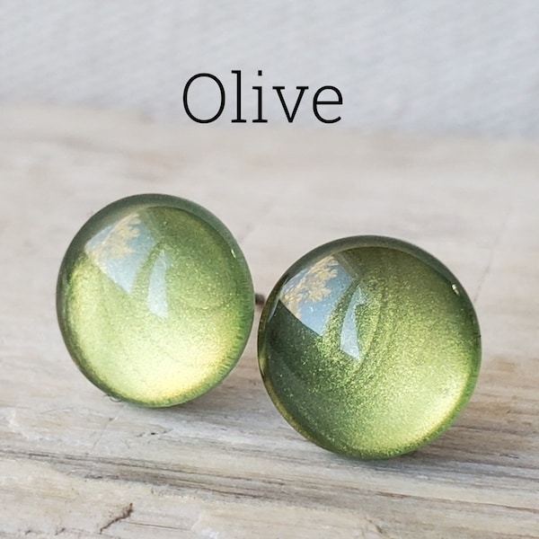 Olive Green Metallic Shimmer Earrings, Titanium Posts, Sensitive Ears, Olive Earrings, Hypoallergenic Studs