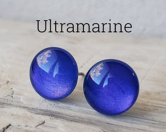 Ultramarine Metallic Shimmer Earrings, Titanium Posts, Intense Blue / Purple Blue Metallic Studs, Hypoallergenic Studs, Sensitive Ears