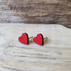 Heart Earrings, Red and Pink, Wood Heart Studs, Titanium Posts, Hypoallergenic, Sensitive Ears