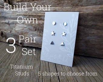 Titanium Stud Earring Set, Hypoallergenic, 3 Pair Gift Set, Minimalist Earrings, Custom Earring Set
