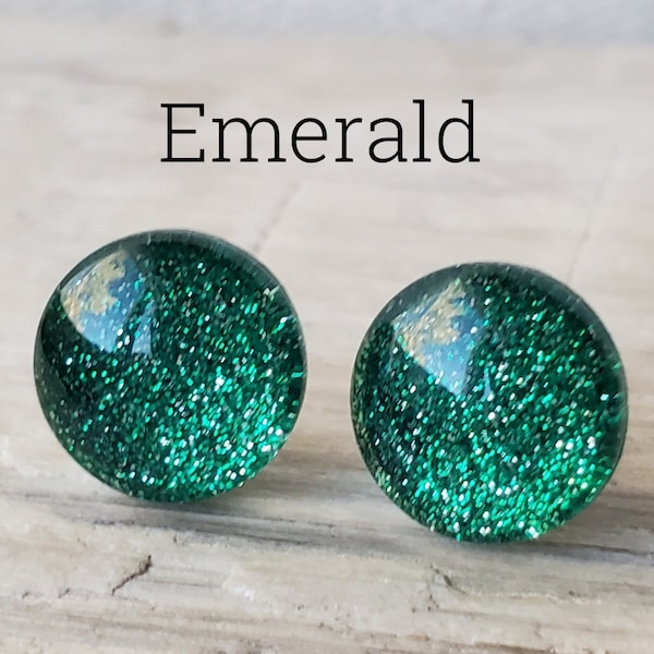 Emerald Glitter Earrings, Titanium Posts, Sensitive Ears, Green Glitter Studs, Hypoallergenic Studs