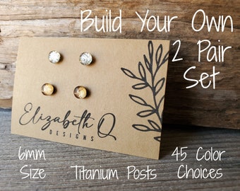 Small Studs, Build Your Own Custom Set, Glitter Studs Gift Box 2 Pair, Titanium Posts, Hypollergenic, Sensitive Ears