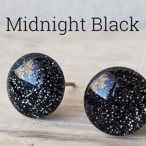 Midnight Black Glitter Earrings, Titanium Posts, Glitter Studs, Hypoallergenic Studs, Sensitive Ears, Super Sparkly, Classic Black Studs
