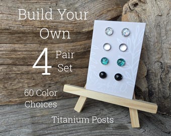 Build Your Own Custom Earring Set, Glitter Studs Gift Box 4 Pair Set, Titanium Posts, Hypollergenic, Sensitive Ears