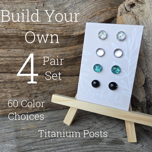 Créez votre propre ensemble de boucles d'oreilles personnalisées, coffret cadeau de 4 paires de clous scintillants, tiges en titane, hypoallergénique, oreilles sensibles