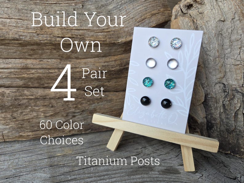 Build Your Own Custom Earring Set, Glitter Studs Gift Box 4 Pair Set, Titanium Posts, Hypollergenic, Sensitive Ears image 1