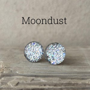 Moondust Glitter Earrings, Titanium Posts, Silver and White Glitter Studs, Hypoallergenic Studs, Sensitive Ears