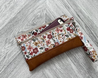 Floral Vegan Leather Wristlet Wallet: iPhone Clutch Evening Bag