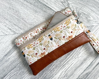 Floral Bee Vegan Leather Wristlet Wallet: iPhone Clutch Evening Bag