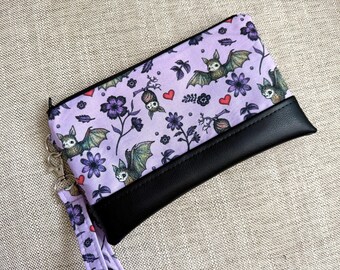 Bats Print Wristlet Wallet: Vegan Leather Clutch, Phone Case