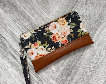 Floral Vegan Leather Wristlet Clutch: iPhone 16 Pro Max Compatible