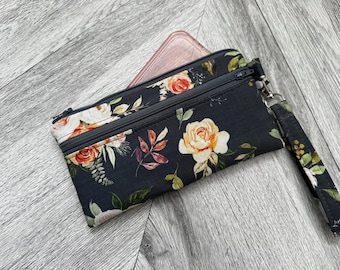 Floral Wristlet Wallet, iPhone Holder, Vegan Leather Clutch