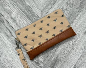 Bee Fabric Wristlet Wallet: Vegan Leather Clutch Evening Bag