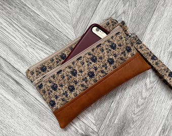 Floral Vegan Leather Wristlet Clutch: iPhone 16 Pro Max Compatible