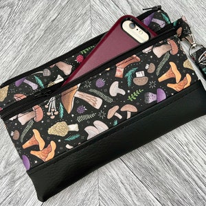 Cartera de pulsera, bolso de pulsera para iPhone, pulsera de cuero vegano, embrague de pulsera, pulsera de estadio, pulsera de champiñones, bolso de noche