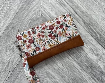 Floral Vegan Leather Wristlet Wallet: iPhone Clutch Evening Bag