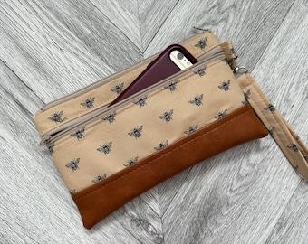 Bee Fabric Vegan Leather Wristlet Clutch: Detachable Strap Evening Bag
