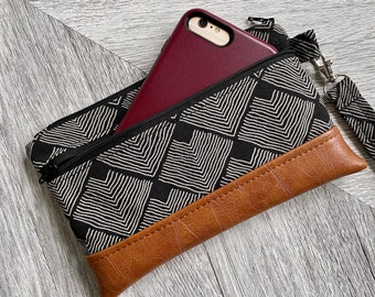 Vegan Leather Wristlet Wallet: Black & White Clutch, iPhone Samsung Cellphone Purse