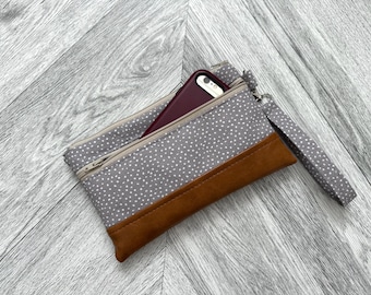Gray Polka Dot Vegan Leather Wristlet Wallet: iPhone Clutch Evening Bag