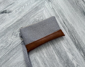 Gray Polka Dot Vegan Leather Wristlet Wallet: iPhone Clutch Evening Bag