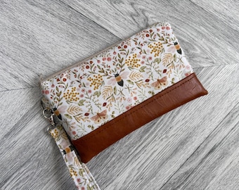 Floral Bee Vegan Leather Wristlet Wallet: iPhone Clutch Evening Bag