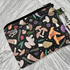 Credit Card Holder, ID Holder, Mini Wristlet Wallet, Zippered Pouch, Mushroom Wristlet, Wrist Lanyard