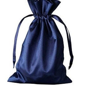 May include: A dark blue satin drawstring bag with a gathered top and long ties.