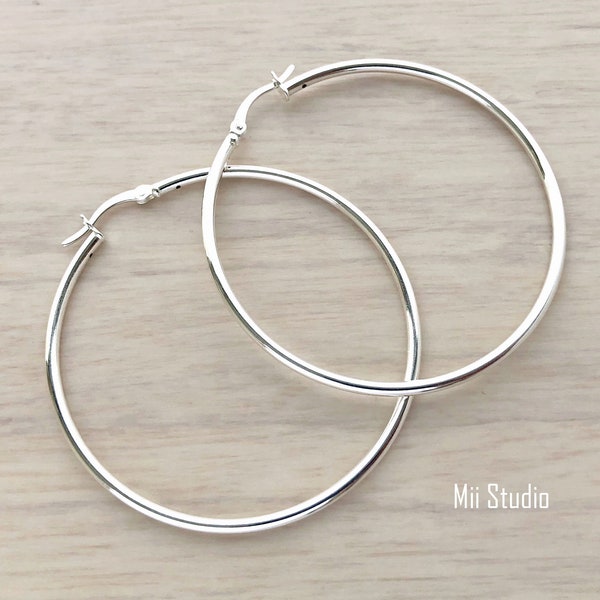 50mm(2") Thick Eurowire Round Hoop Sterling Silver Earring Round Circle 2mm Tubing Earrngs 2pcs E76s