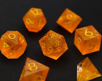 Fire Chuchu Jelly | Handmade Sharp Edge Resin 7 Piece Polyhedral Dice Set for d&d, ttrpg