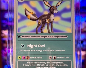 May include: A Pokemon trading card featuring Umbreon, a dark-type Pokemon with a black and yellow body and red eyes. The card is from the first edition of the Pokemon Trading Card Game and has a night owl ability. The card text reads "Umbreon absolutely love the nighttime. If they're forced to wake up for an early meeting, they get very crabby."