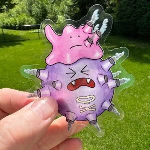 May include: A clear sticker featuring a cartoon character with a pink head and a purple body. The character has a frowning expression, a wide open mouth with teeth, and a crossbones symbol. White smoke-like details surround the character.