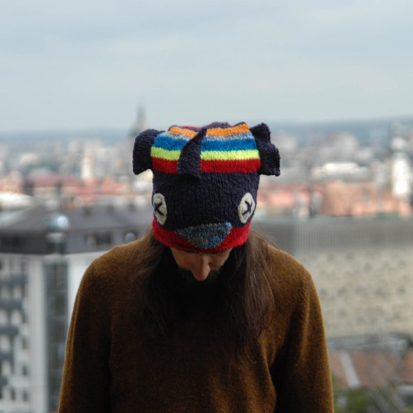 Dark Blue FISH hat, hand knitted