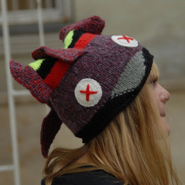 Plum Colour FISH hat, hand knitted