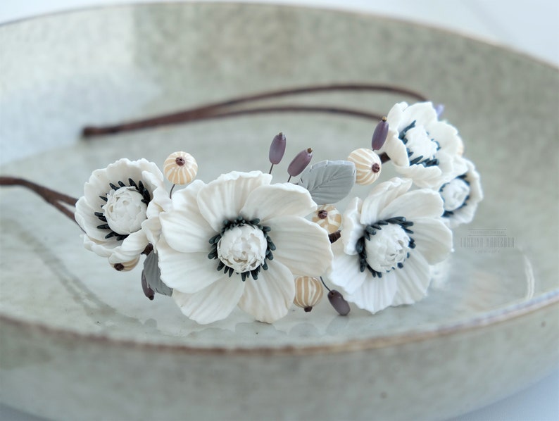 White poppy flower polymer clay wedding floral headband beautiful botanical headpiece